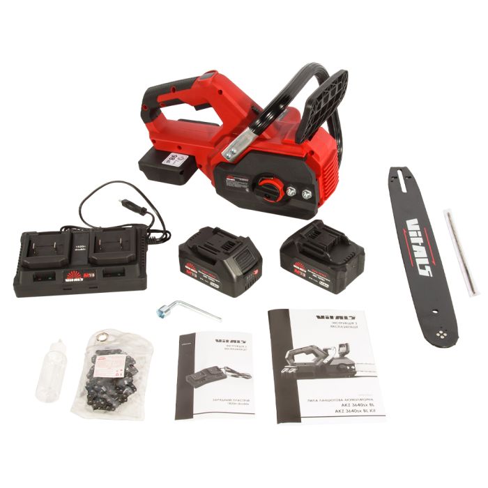 Пила ланцюгова акумуляторна Vitals AKZ 3640sx BL Kit BL 36В(18+18) акб 2х4А·год шина 40см 8.6м/c 5.8кг