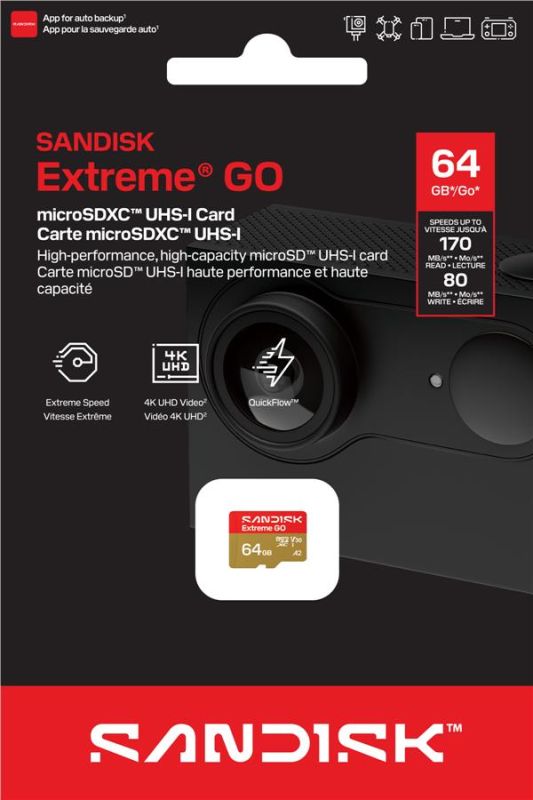 Карта памяти SanDisk microSD   64GB C10 UHS-I U3 A2 V30 R170/W80MB/s Extreme GO