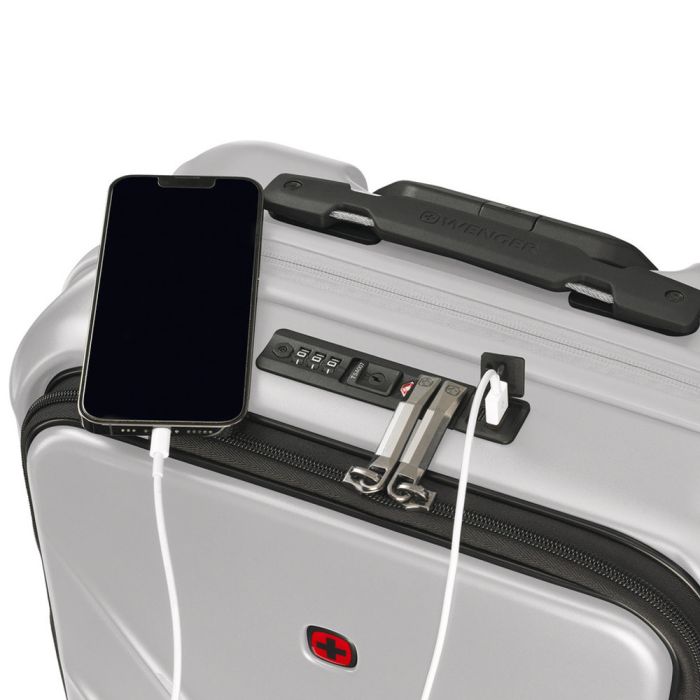 Валіза Wenger Amplix Hardside Carry-On, мала, з відсіком для н/б 16", полікарбонат, TSA, 4 колеса, розширення, USB, сріблястий
