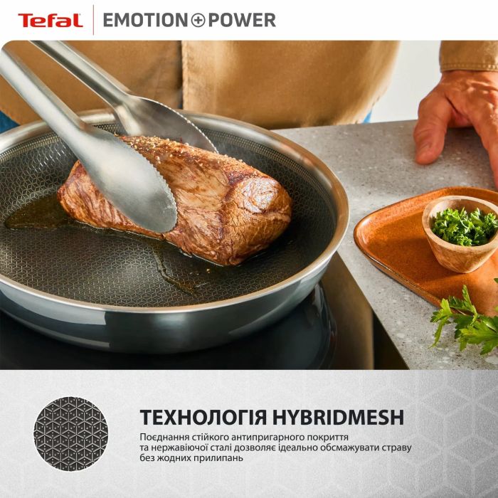 Сковорода Tefal Emotion+ Power, 24 см, с крышкой, нержавеющая сталь, алюминиевый сердечник, хромированная сталь, бакелит, стекло
