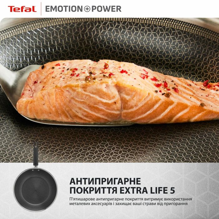 Сковорода Tefal Emotion+ Power, 24 см, с крышкой, нержавеющая сталь, алюминиевый сердечник, хромированная сталь, бакелит, стекло
