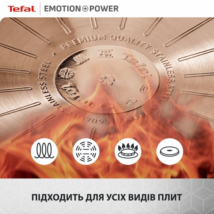 Сковорода Tefal Emotion+ Power, 24 см, с крышкой, нержавеющая сталь, алюминиевый сердечник, хромированная сталь, бакелит, стекло