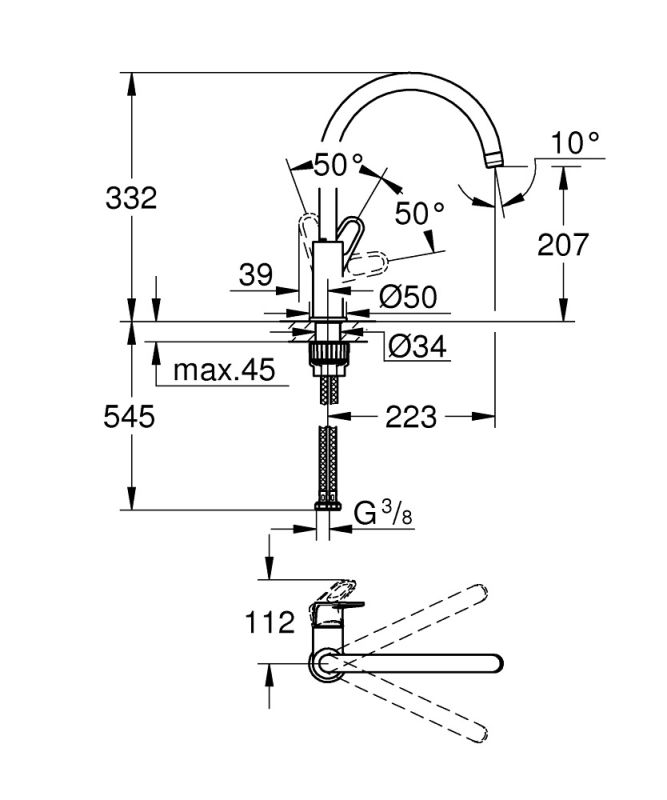 Змішувач кухонний Grohe QuickFix Start Flow, довж.виливу - 223мм, поворотний, 1важіль, хром