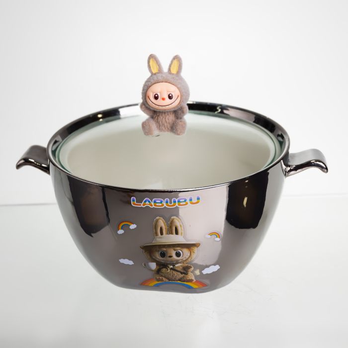 Бульйонниця порцелянова Labubu з кришкою та ручками 800 (мл) Ø15 (см) дитяча тарілка для супу та локшини Сріблястий з коричневим FM-34B