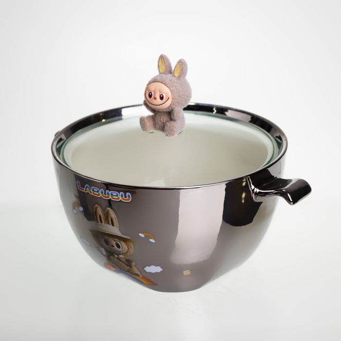 Бульйонниця порцелянова Labubu з кришкою та ручками 800 (мл) Ø15 (см) дитяча тарілка для супу та локшини Сріблястий з коричневим FM-34B