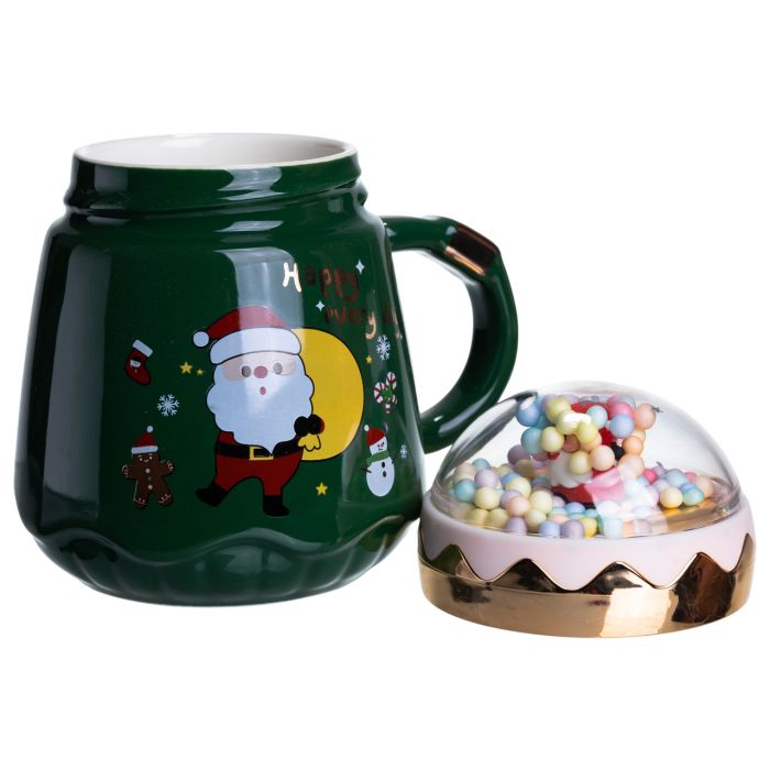 Чашка порцелянова з кришкою Christmas 400 (мл) Зелена Yiwu FM-CS-41A