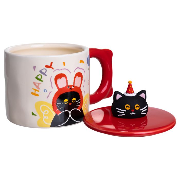 Чашка порцелянова з кришкою Kitten's Birthday 400 (мл) подарункова кружка прикольна чашка для дітей на подарунок Червоний FM-24D
