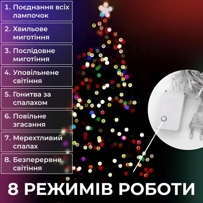 Гірлянда нитка 10м на світлодіодна чорний провід 8 режимів роботи M200LEDML