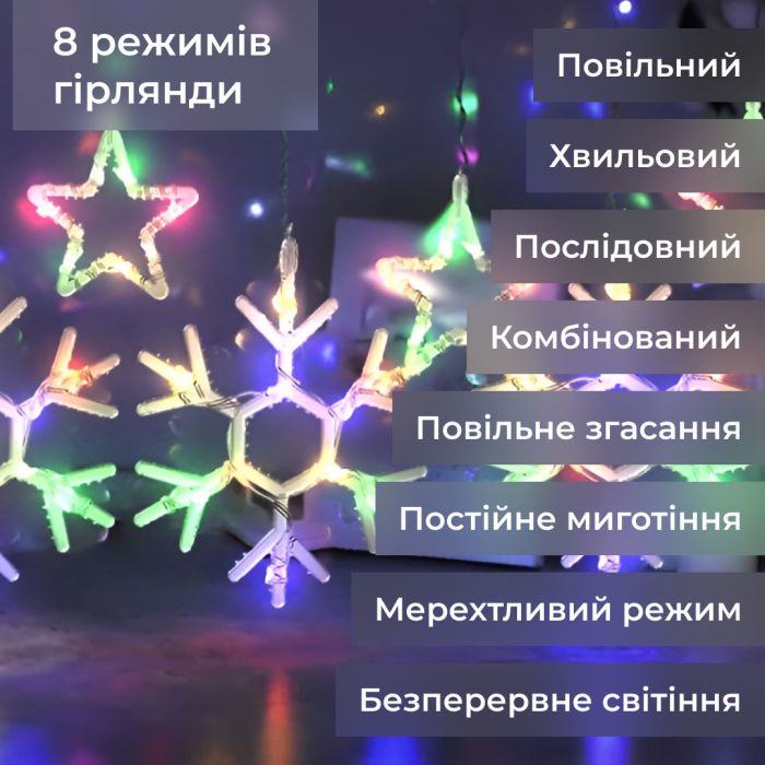 Гірлянда штора 3х0,9 м сніжинка зірка на 145 LED лампочок світлодіодна 10 шт 1733065ML