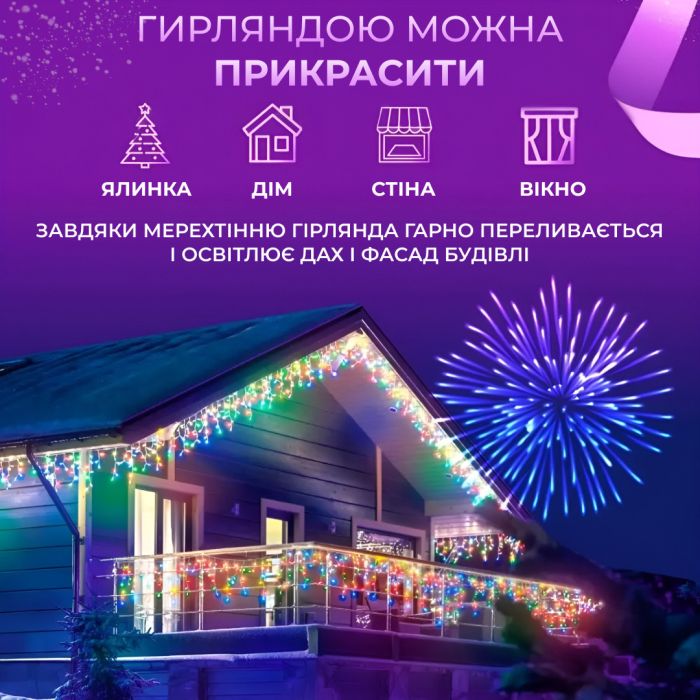 Гірлянда вулична світлодіодна 135 LED 6 метрів білий дріт бахрома 27 ниток Мультиколор 6МWML