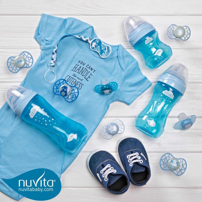 Пустышка Nuvita 7084 Air55 Cool ортодонтическая 6m+ "усы" светящаяся в темноте голубая