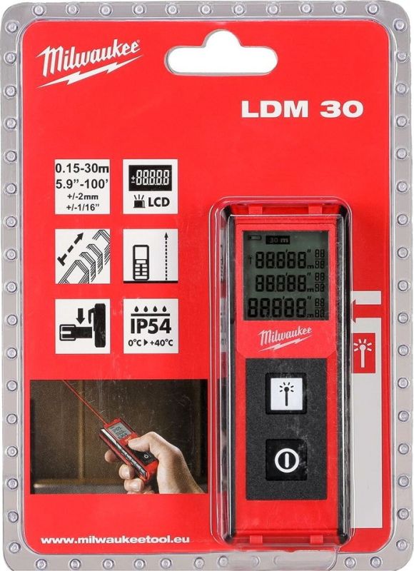 Дальномер лазерный Milwaukee LDM30, 0.15-30м, ±2мм, 2AАA 0.1кг