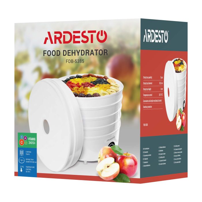 Сушарка для продуктів  Ardesto , 520Вт, піддонів -5x4см, діаметр-38,5см, макс-70°С, рег.темп, пластик , білий ARDESTO FDB-5385