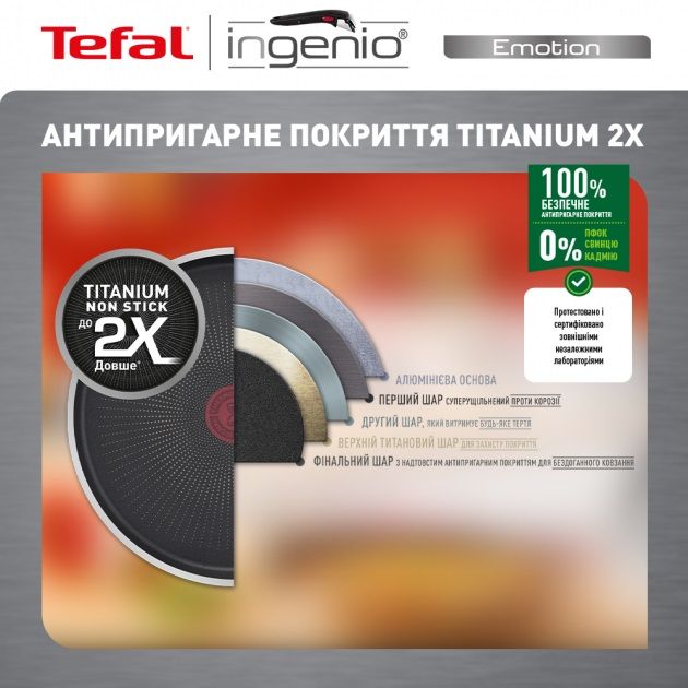 Набор посуды Tefal Ingenio Emotion, сменная ручка, 10 предметов, нержавеющая сталь, бакелит, пластие, силикон, стекло