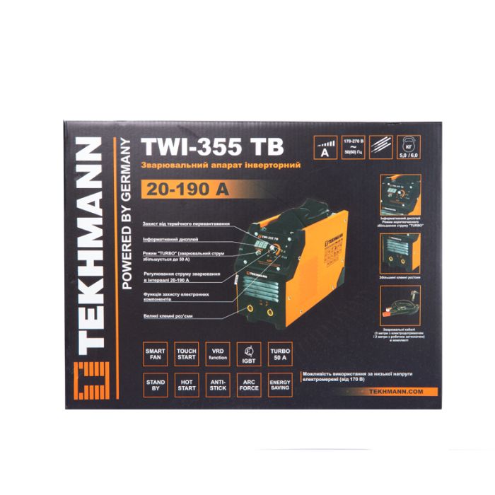 Зварювальний апарат інверторний Tekhmann TWI-355 TB 140А(190А turbo режим) 5.2-8.2кВт 170-270В 5кг