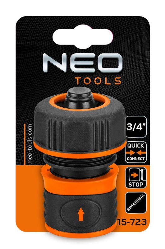 Коннектор для шланга Neo Tools 3/4", с аквастопом, двухкомпонентный