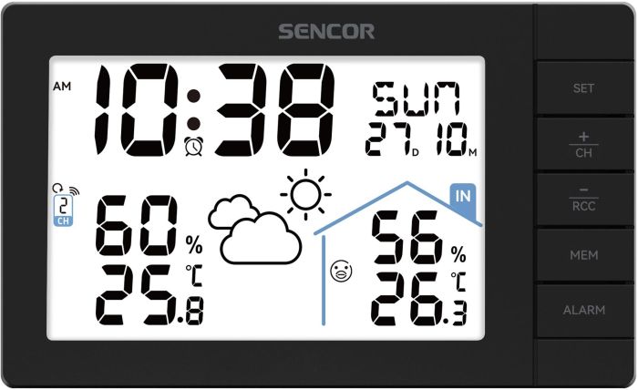 Метеостанція Sencor, внутр/зовн вимірювання, AAx3+AAx2, темп-ра, вологість, час, прогноз погоди, чорний