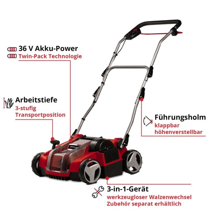 Аэратор-скарификатор аккумуляторный Einhell GE-SC 36/35 Li - Solo 36В 35см бесщеточные ножи 16шт 9.94кг (без АКБ и ЗУ)