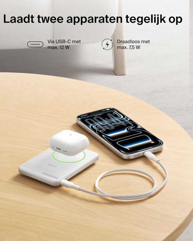 Акумулятор портативний літій-іонний Power Bank Belkin 5000мА·год, 20Вт PD/Qi2 15Вт, Magnetic Kickstand, білий