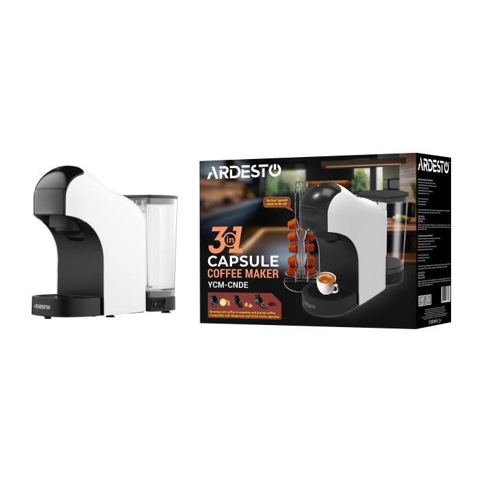Кофеварка Ardesto капсульная, 0.8л, капсулы Nespresso, Nescafe Dolce Gusto, молотый кофе, сенсорное управление, белый
