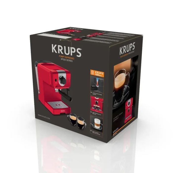 Кофеварка Krups рожковая Opio 1.5л, молотый, ручной капучинатор, подогрев чашек, красный