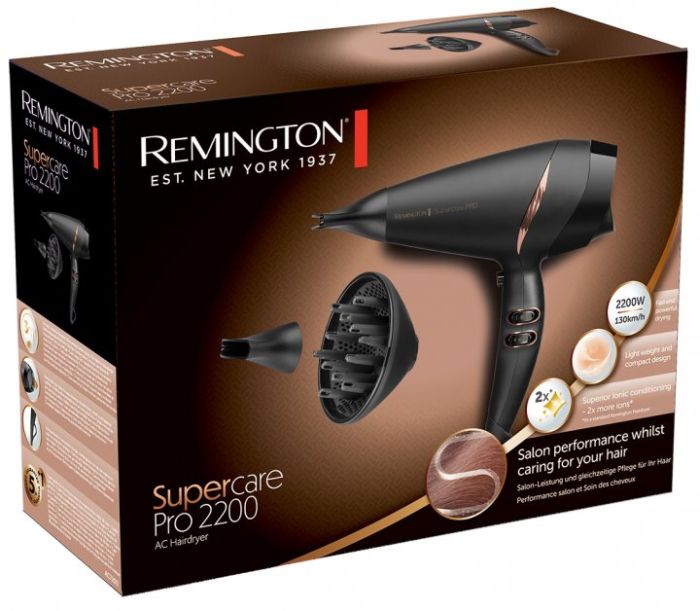 Фен Remington Supercare PRO 2200 AC motor, 2200Вт, режимов-3, дифузор, иониз-я, хол. обдув, черный