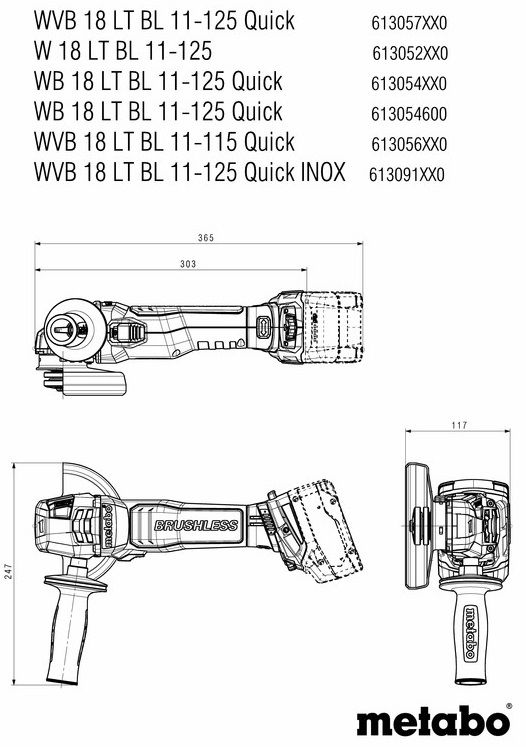 Шліфмашина кутова акумуляторна Metabo WVB 18 LT BL 11-125 125мм 18В 2800-10000об/хв 1.8кг без АКБ та ЗП