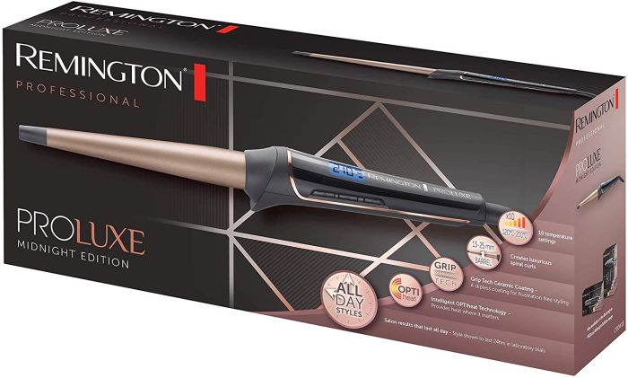 Плойка Remington ProLuxe Midnight Edition, конусна, 37Вт, темп.режимів-10, D-13-25mm, 120-210С, дисплей, кераміка, чорний