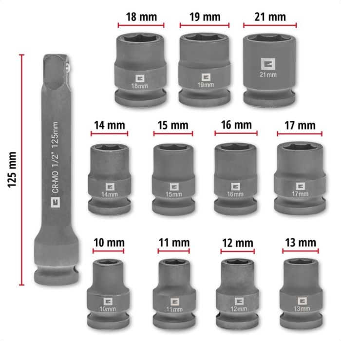 Набір ударних торцевих головок Einhell 40мм 1/2" 10-21 мм 12шт кейс 0.78кг