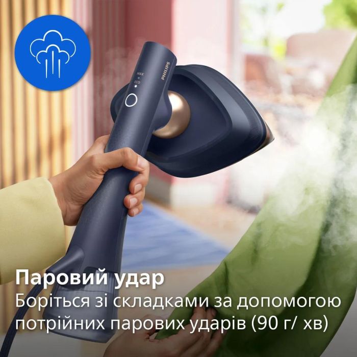 Відпарювач-праска Philips OneTurn, 1800Вт, 200мл, паровий удар -90гр, поворот для зміни типу девайса, алюміній, синій