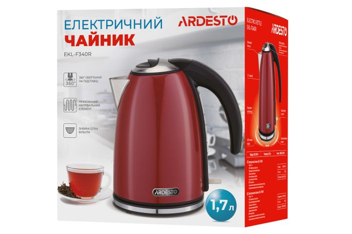 Электрочайник Ardesto 1.7л, Strix, металл, глянец красный