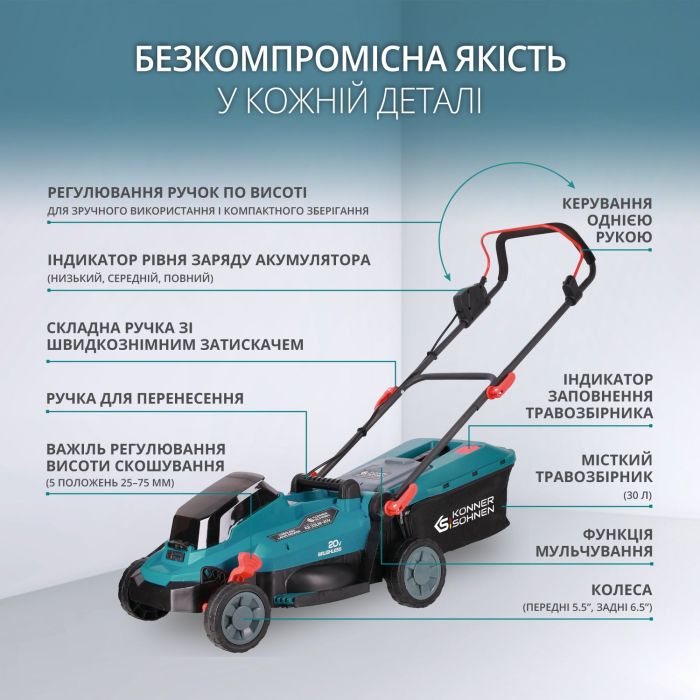 Набор из двух аккумуляторных инструментов Konner&Sohnen KS 33LM-BCT20V-SET 20В газонокосилка KS 33LM-20V и триммер садовый KS BCT-20V акб 1х4А·час ЗП 17.3кг