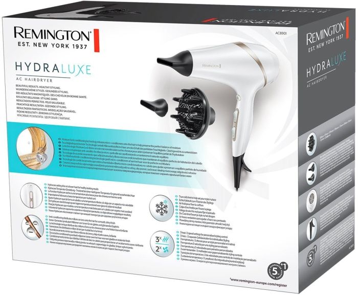 Фен Remington HydraLuxe, 2300Вт, режимов-3, дифузор, иониз-я, хол. обдув, белый