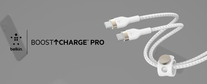 Кабель USB-C > USB-C заряджання/синхронізації Belkin 1м, 60Вт, Type-C, плетений, силіконовий, з ремінцем на магніті, білий