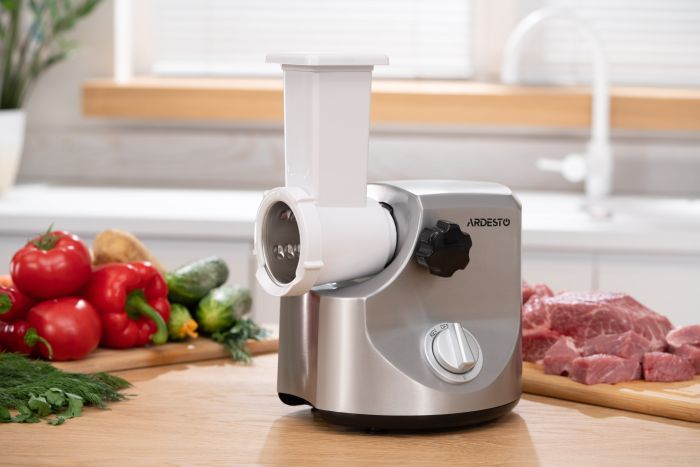 М'ясорубка Ardesto, 3000Вт, продук.-2.6кг/хв, 4 решітки + для ковб., кеббе, 3 терки, метал, сріблястий