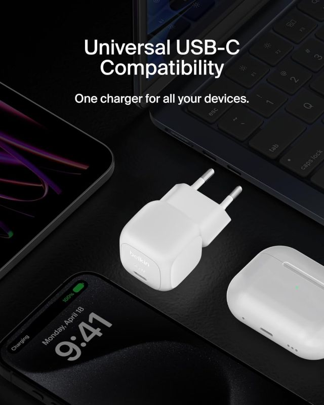 Зарядний пристрій мережевий Belkin 20Вт USB-С PD PPS, кабель USB-С > USB-C, 1м, PVC, білий