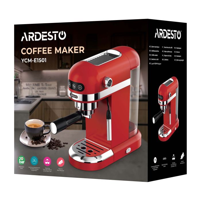 Кофеварка Ardesto рожковая 1.4л, молотый, ручной капучинатор, подогрев чашек, красный