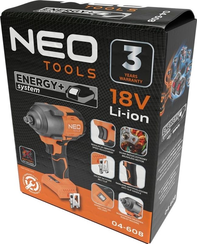 Гайковерт ударный Neo Tools Energy+ 18В бесщеточный 2400об·мин 850Нм 1/2" 3 скорости 1.8кг без АКБ и ЗП