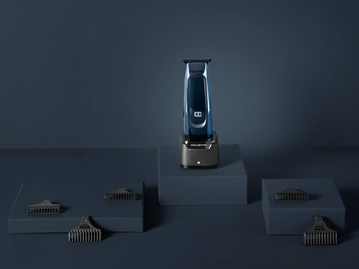 Тример Rowenta Barber Experience, для голови, бороди, мережа+акум., роторний мотор, насадок-5, нержавіюча сталь з покриттям DLC, чорно-синій