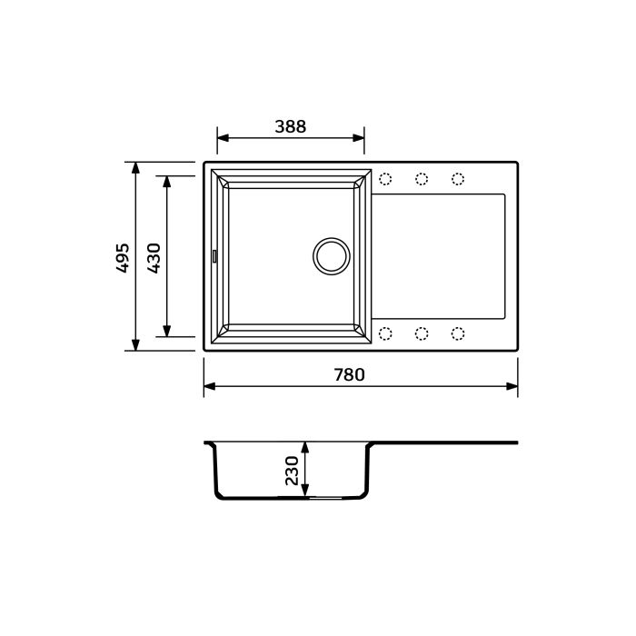 Мийка кухонна Adamant Horizon, штучний камінь, прямокут., з крилом, 780х495х230мм, чаша - 1, врізна, чорний