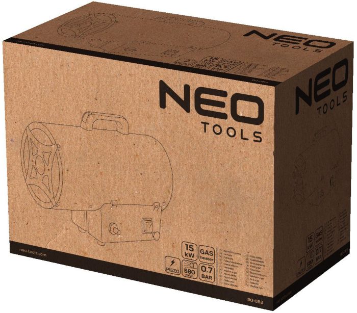 Теплова гармата газова Neo Tools, 15кВт, 150м2, 580м3/год, чорний, 3.68кг