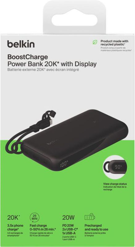 Аккумулятор портативный литий-ионный Power Bank Belkin 20000мА·ч, 20Вт, с дисплеем, черный