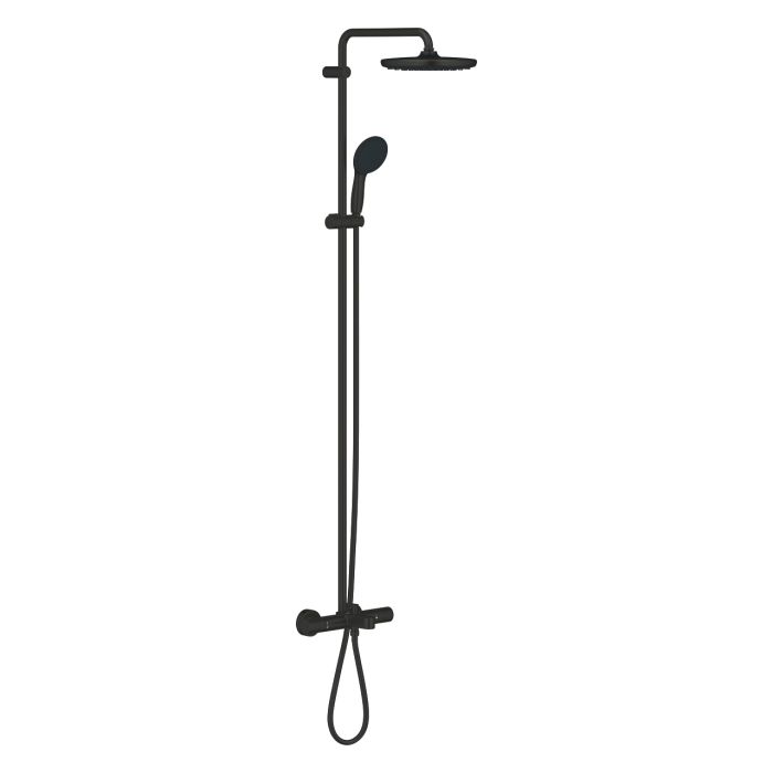Душова система Grohe QuickFix Vitalio Start System 250 зі змішувачем-термостатом для ванни, довж. виливу - 169мм, верхній душ, лійка, кріпл. - на стійці, матовий чорний