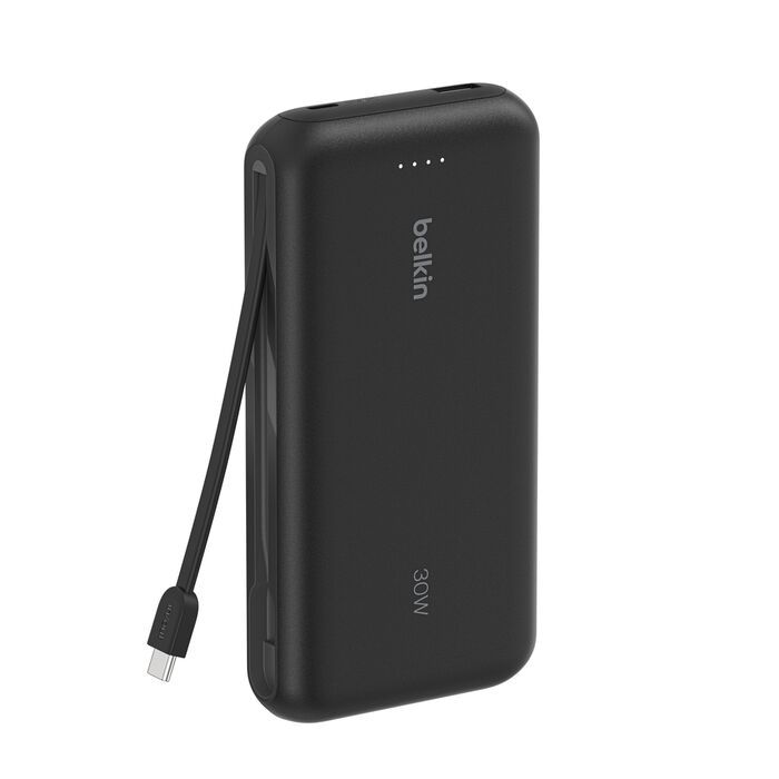 Аккумулятор портативный литий-ионный Power Bank Belkin 20000мА·ч, 30Вт, с интегрированным кабелем USB-C, черный