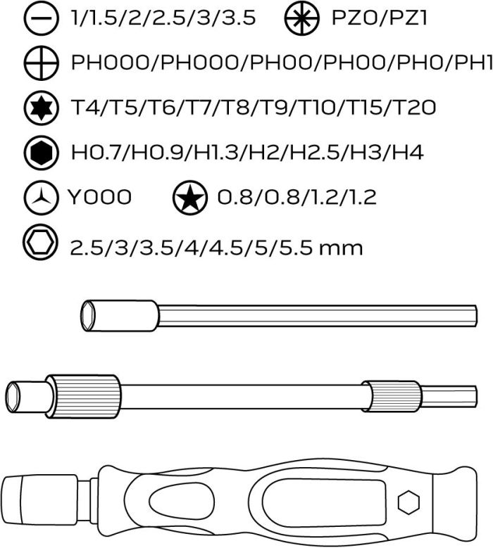 Біти Neo Tools, 1/4", бітотримач, прецизійні, CrV, набір 45шт