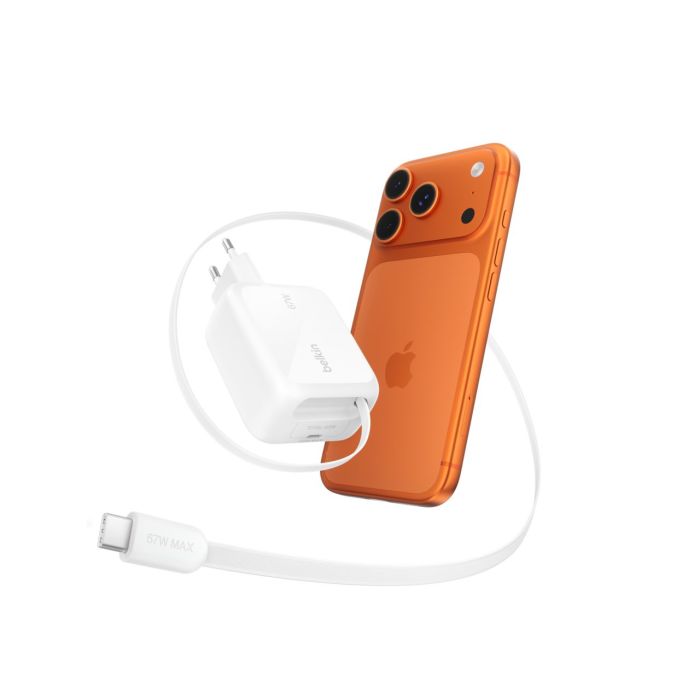Зарядний пристрій мережевий Belkin 67Вт USB-C PD, PPS, вбудований кабель USB-C, білий