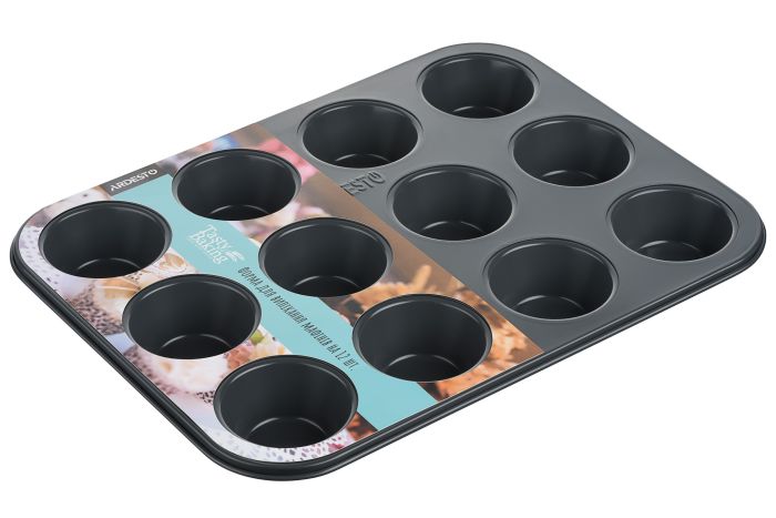 Форма для випікання мафінів ARDESTO Tasty baking, 35х26.5х3см, 12шт, вуглецева сталь, сіро-блакитний