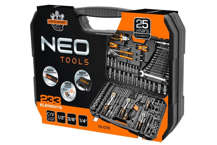 Набор инструмента Neo Tools, 233шт, 1/2", 1/4", 3/8", CrV, кейс