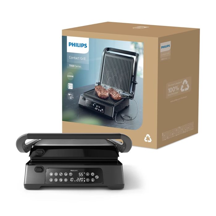 Гриль Philips прижимной Series 7000, 2200Вт, съёмные пластины + термощуп, раскрытие на 180°, металл, черный