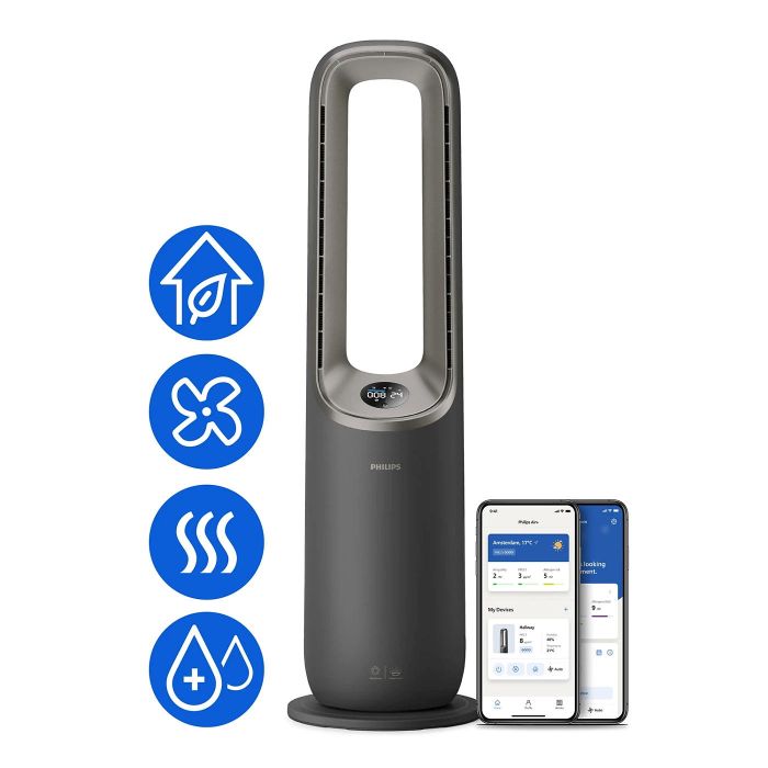 Кліматичний комплекс Philips Air Performer 9000, 48м2, 185м3/год, пулт ДУ, HEPA +вугільний фільтр + попередній, очистка, нагріз, зволоження повітря, сірий